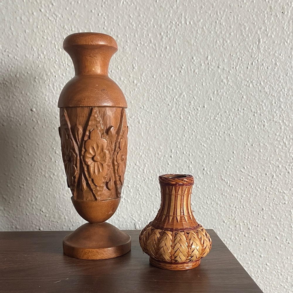 Hand-Carved Wooden and wicker Decorative Vase bundle